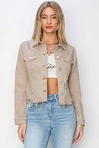 RISEN Full Size Raw Hem Button Up Cropped Denim Jacket Plus Size - Brittney MADE
