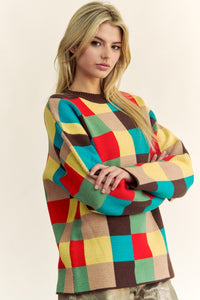 Davi & Dani Color Block Checkered Dropped Shoulder Sweater - Brittney MADE