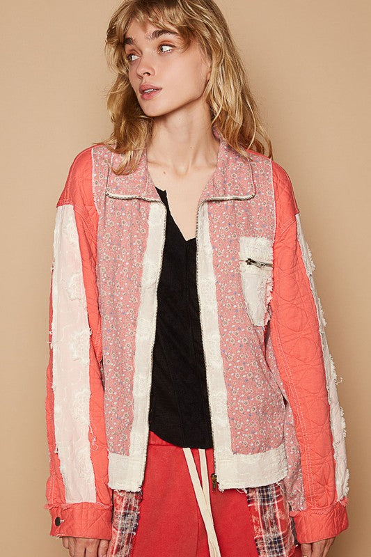 POL Floral Patchwork Zip Up Long Sleeve Jacket - Brittney MADE