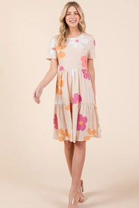 BOMBOM Floral Round Neck Short Sleeve Tiered Dress - Brittney MADE
