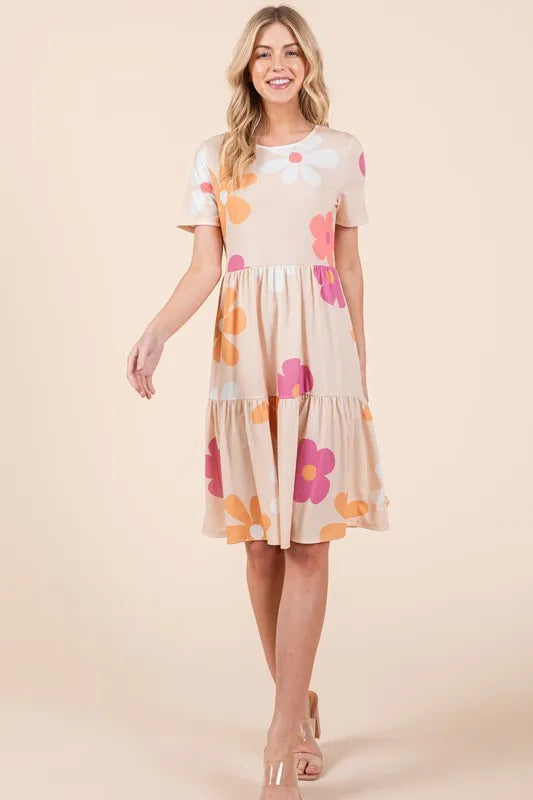 BOMBOM Floral Round Neck Short Sleeve Tiered Dress - Brittney MADE