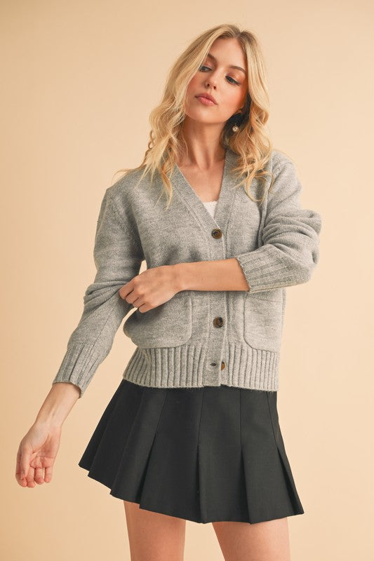 Aemi + Co Ribbed Hem Button Down V-Neck Cardigan - Brittney MADE
