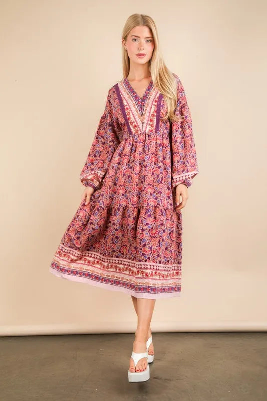 VERY J Floral Printed Boho V-Neck Balloon Sleeve Dress - Brittney MADE
