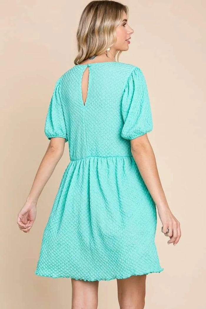 Culture Code Full Size Textured Round Neck Puff Sleeve Dress - Brittney MADE