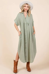 Mittoshop Mineral Wash V Neck Button Up Midi Shirt Dress - Brittney MADE
