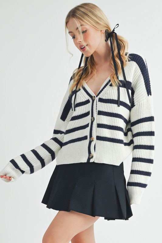 Aemi + Co Striped V-Neck Button Down Cardigan - Brittney MADE
