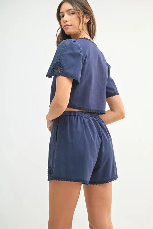 MABLE Crochet Lace Detail Crop Top and Shorts Set - Brittney MADE