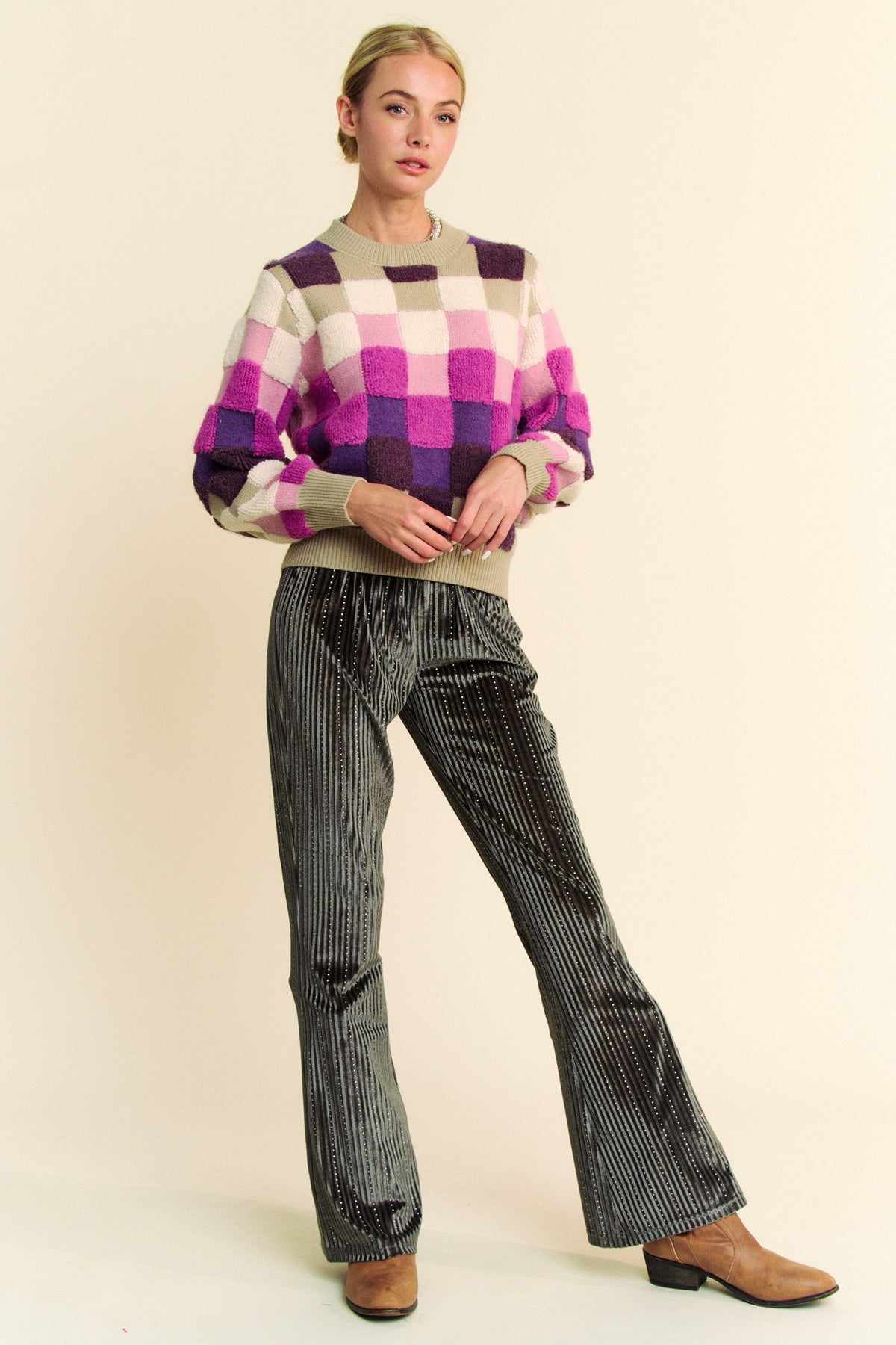 Davi & Dani Checkered Round Neck Long Sleeve Sweater - Brittney MADE