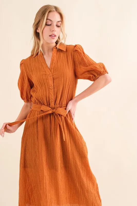 And The Why Waffle Textured Ribbon Waist Midi Dress - Brittney MADE