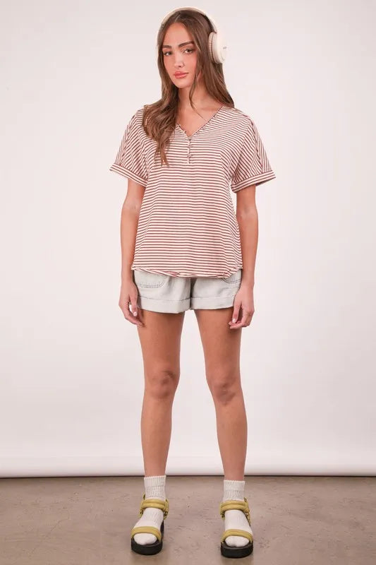 VERY J Striped V-Neck Short Sleeve T-Shirt - Brittney MADE