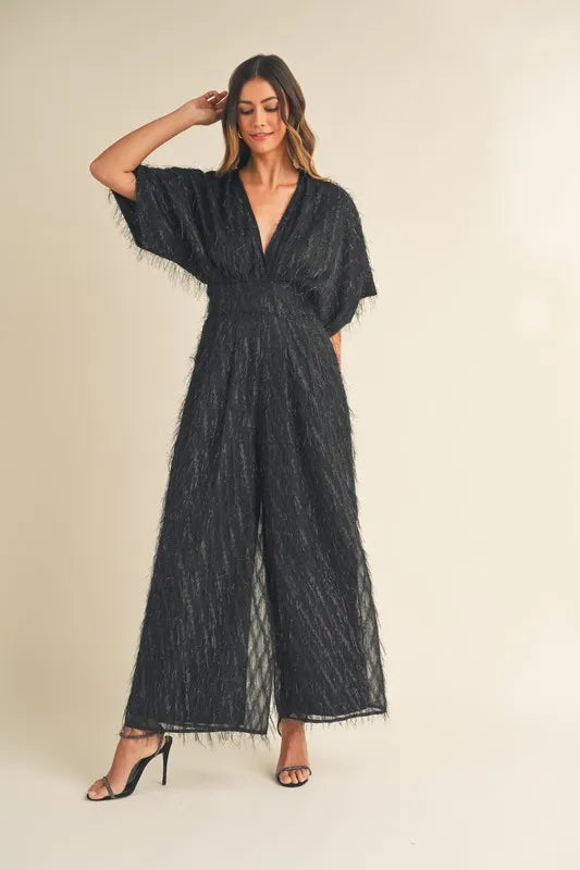 MABLE Fluffy Deep V Neck Wide Leg Jumpsuit - Brittney MADE