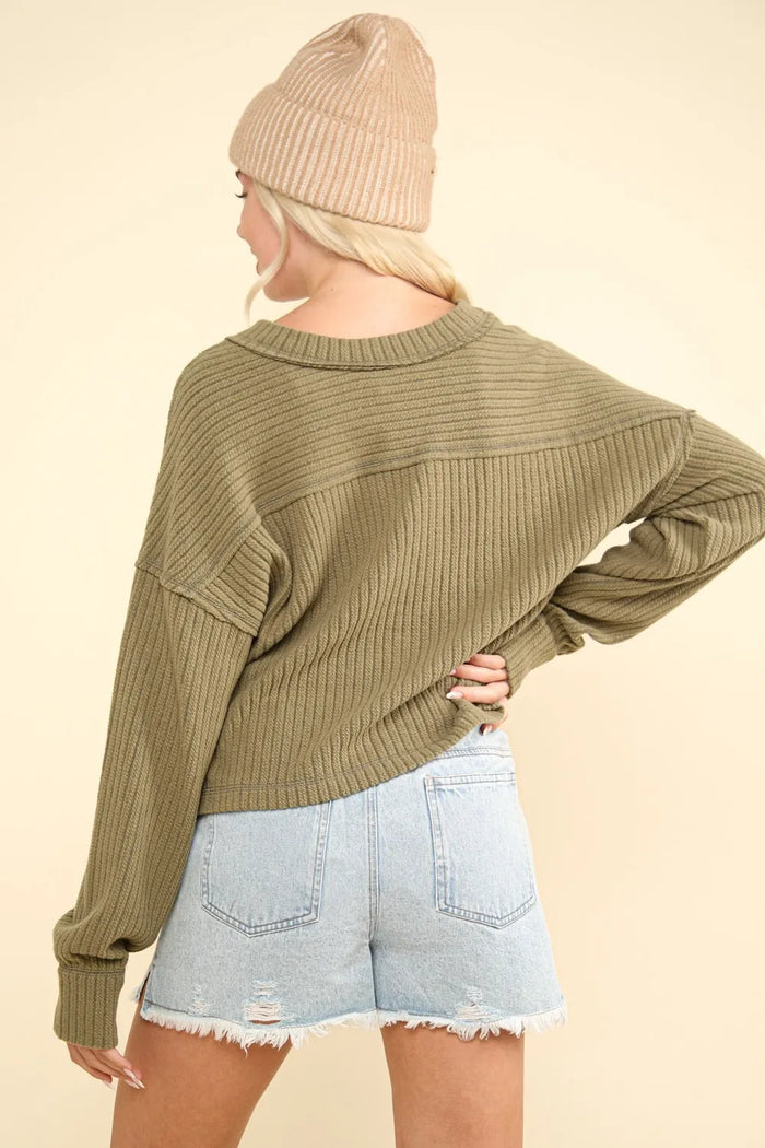 VERY J Exposed Seam V-Neck Ribbed Knit Top - Brittney MADE