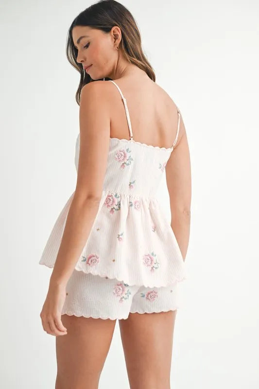 MABLE Stripe Embroidered Peplum Cami and Shorts Set - Brittney MADE