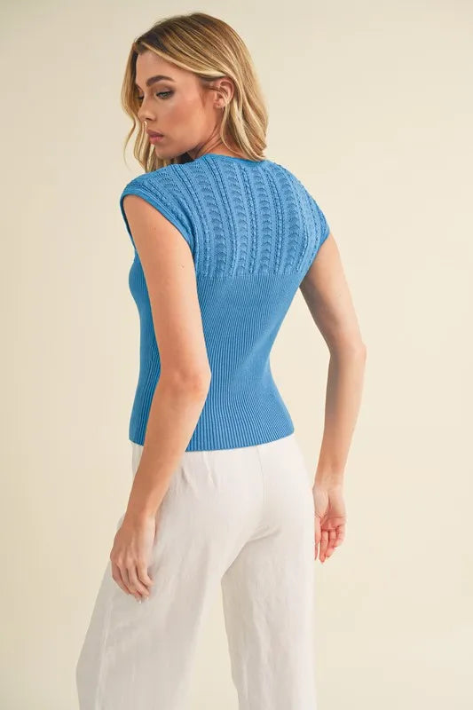 Aemi + Co Openwork Round Neck Cap Sleeve Knit Top - Brittney MADE