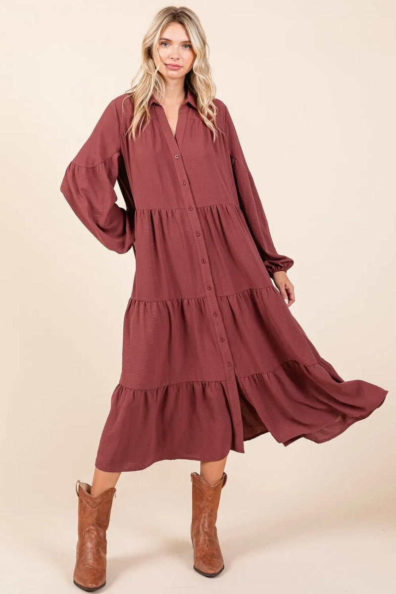 Mittoshop Tiered Button Down Long Sleeve Midi Dress - Brittney MADE