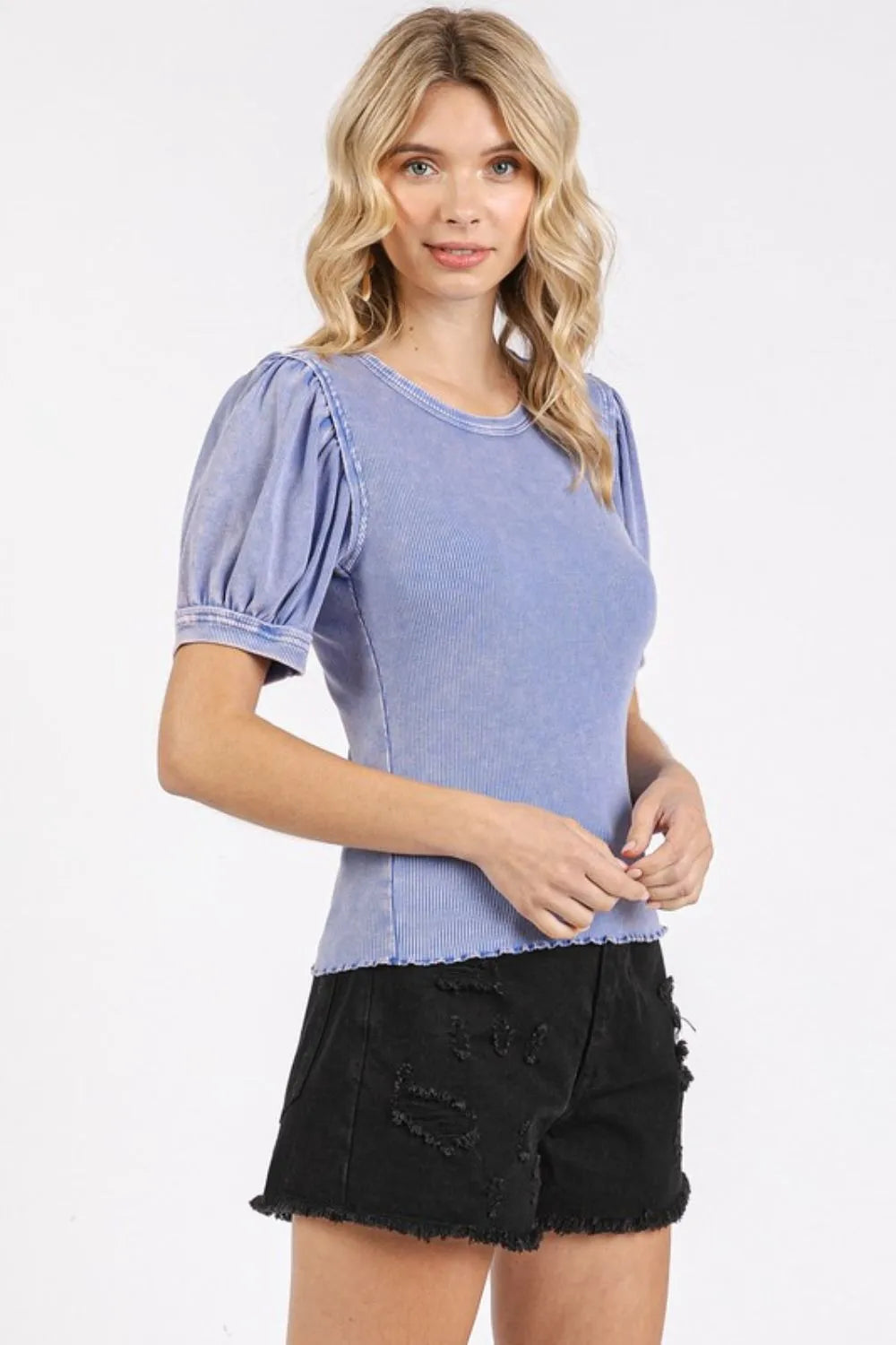 Mittoshop Mineral Wash Puff Sleeve Rib Knit Top - Brittney MADE