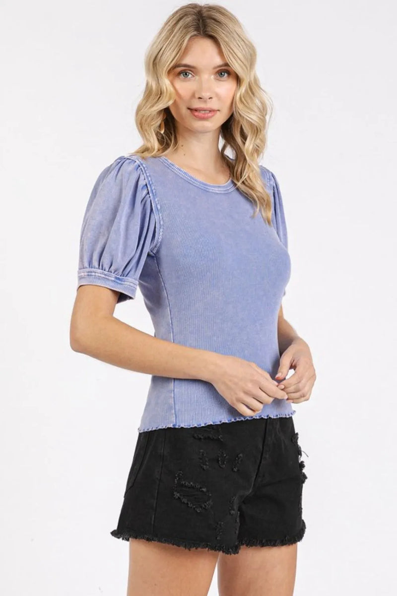 Mittoshop Mineral Wash Puff Sleeve Rib Knit Top - Brittney MADE