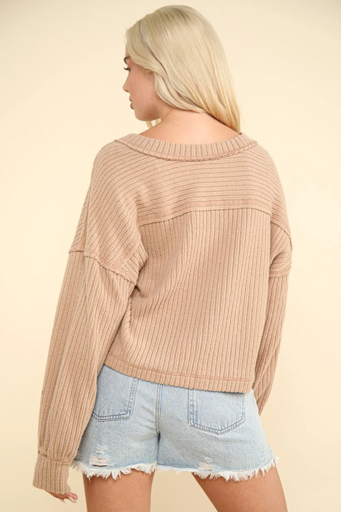 VERY J Exposed Seam V-Neck Ribbed Knit Top - Brittney MADE