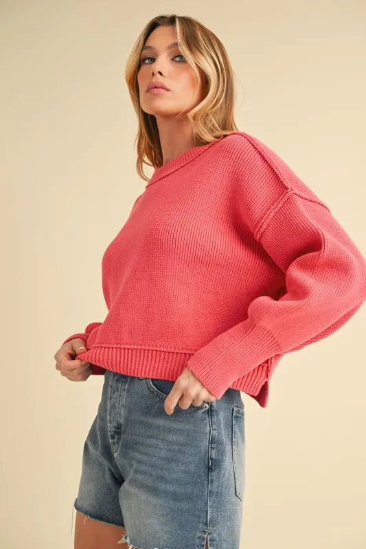 Aemi+Co Ribbed Hem Exposed Seam Round Neck Sweater - Brittney MADE