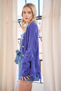Davi & Dani Fringe V-Neck Button Up Long Sleeve Cardigan - Brittney MADE