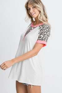 HeimishFull Size Leopard Round Neck Short Sleeve T-Shirt with Stitch Plus Size - Brittney MADE