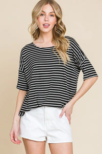 BOMBOM Striped Round Neck T-Shirt - Brittney MADE