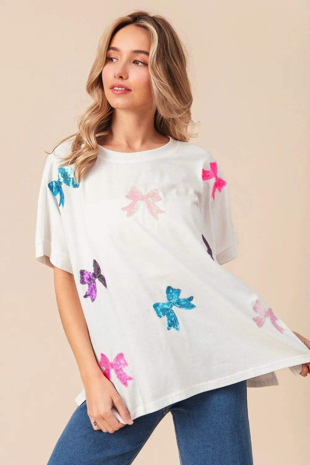 BiBi Sequin Bow Patch Short Sleeve T-Shirt - Brittney MADE