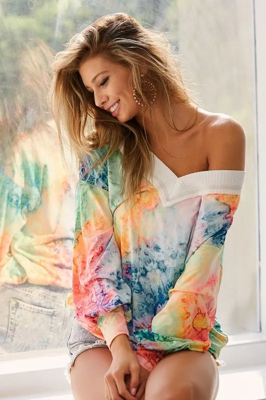 BiBi Tie Dye Soft Knit Jersey V-Neck Top - Brittney MADE