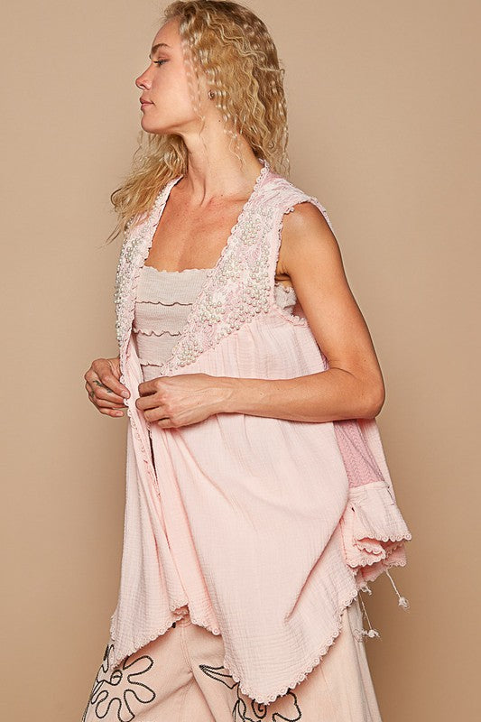 POL Embroidered Pearls Open Front Sleeveless Cardigan - Brittney MADE