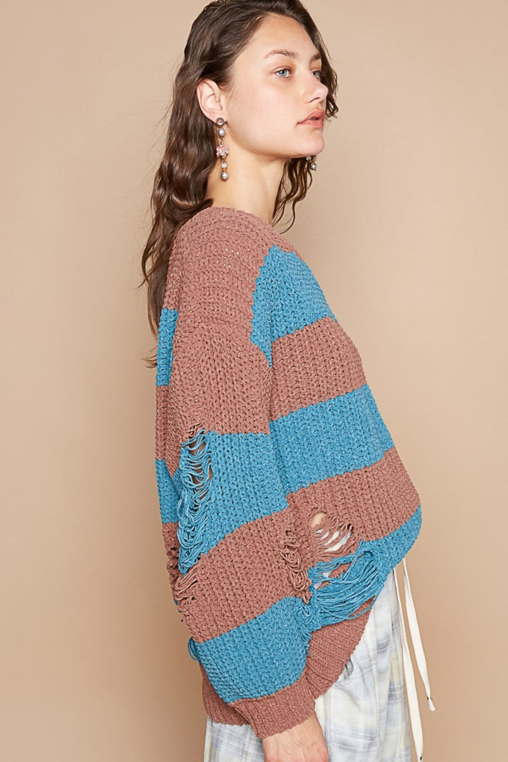 POL Striped Distressed Long Sleeve Sweater - Brittney MADE