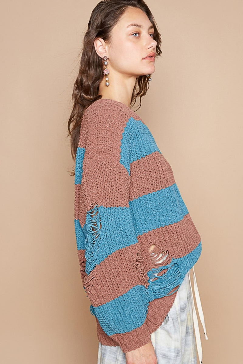 POL Striped Distressed Long Sleeve Sweater - Brittney MADE