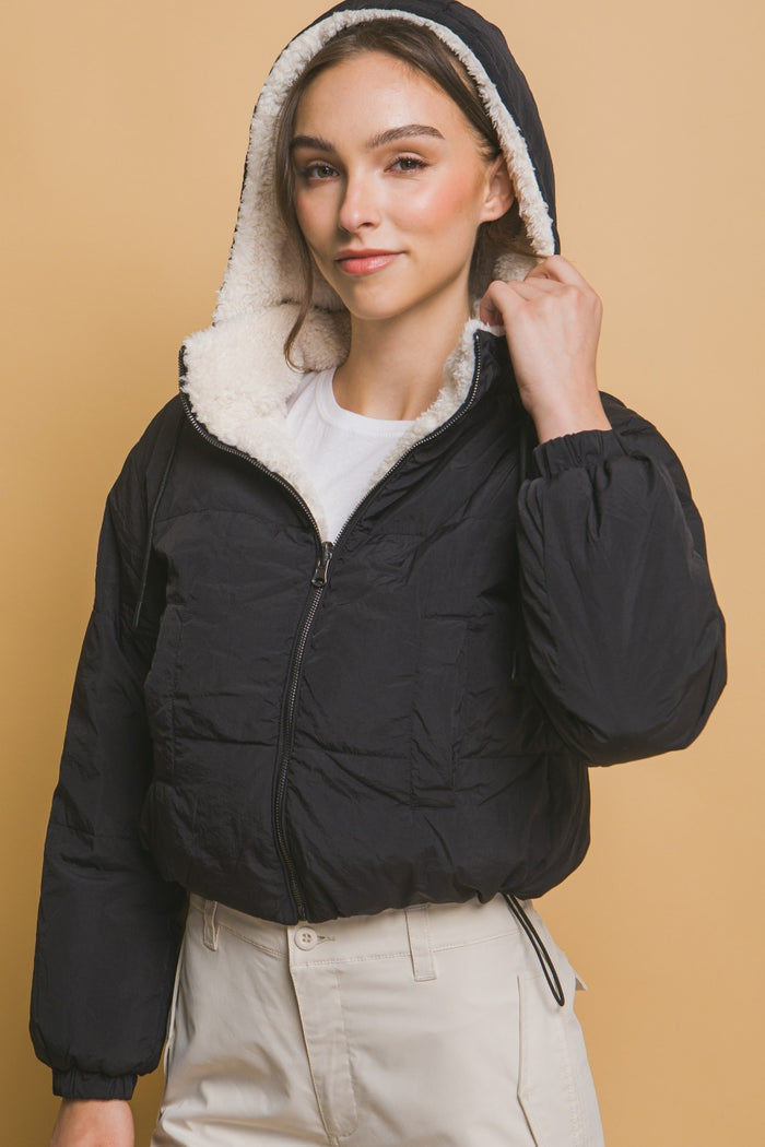 Love Tree Zip Up Cropped Hooded Sherpa Reversible Jacket - Brittney MADE