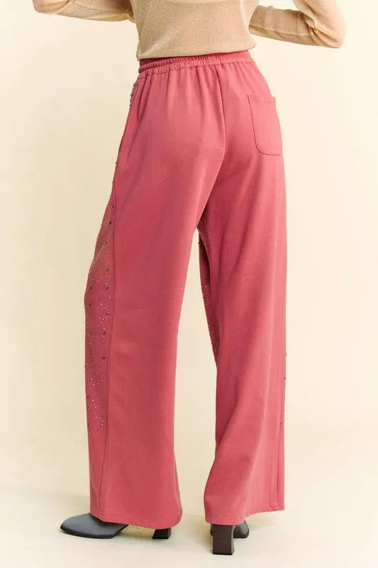 Davi & Dani Rhinestone Drawstring Wide Leg Pants - Brittney MADE