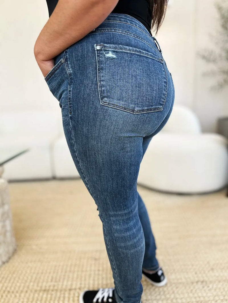 Judy Blue Full Size Mid Waist Distressed Slim Jeans - Brittney MADE