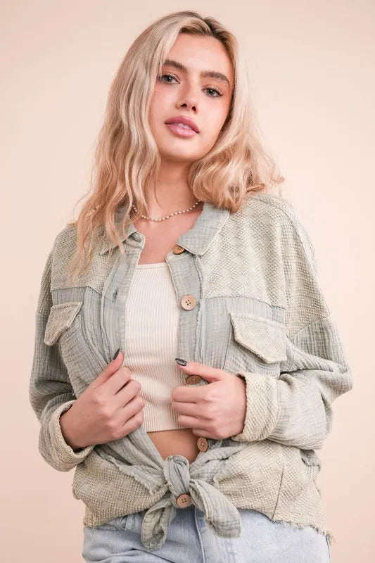 VERY J Mineral Washed Oversized Gauze Shacket - Brittney MADE