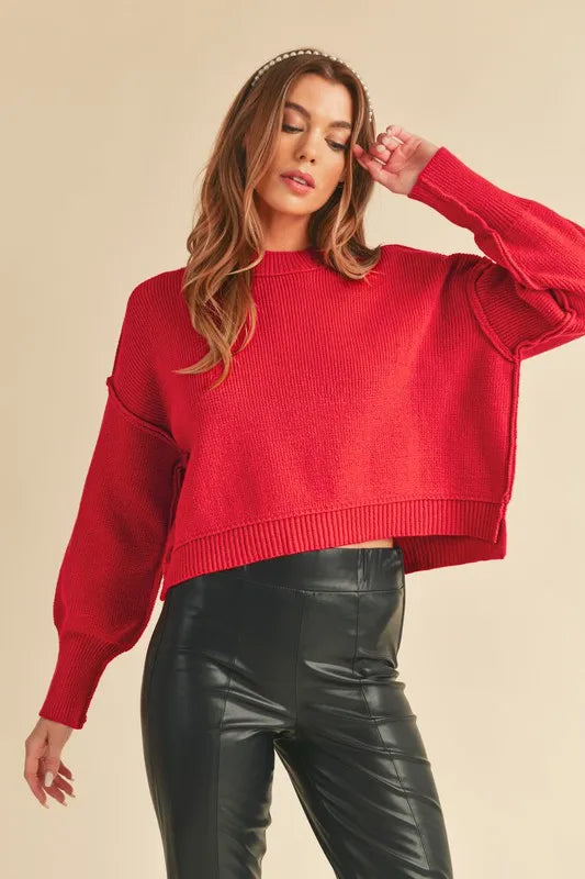 Aemi+Co Ribbed Hem Exposed Seam Round Neck Sweater - Brittney MADE