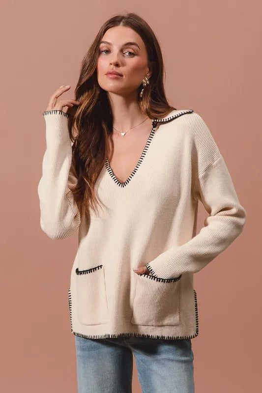 SO ME Contrast Blanket Stitch Sweater - Brittney MADE