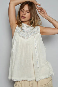 POL Lace Detail Floral Sleeveless Rayon Gauze Top - Brittney MADE