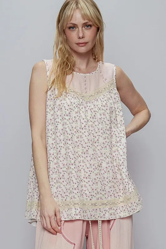POL Lace Detail Floral Round Neck Sleeveless Top - Brittney MADE