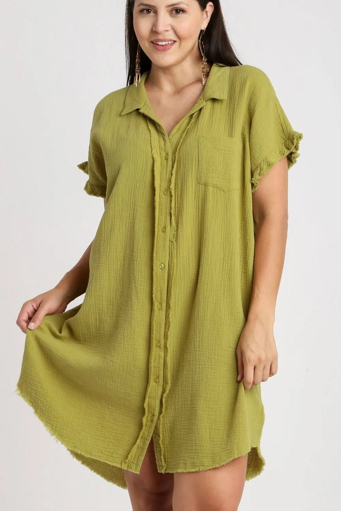Umgee Full Size Raw Hem Button Down Short Sleeve Gauze Shirt Dress Plus Size - Brittney MADE