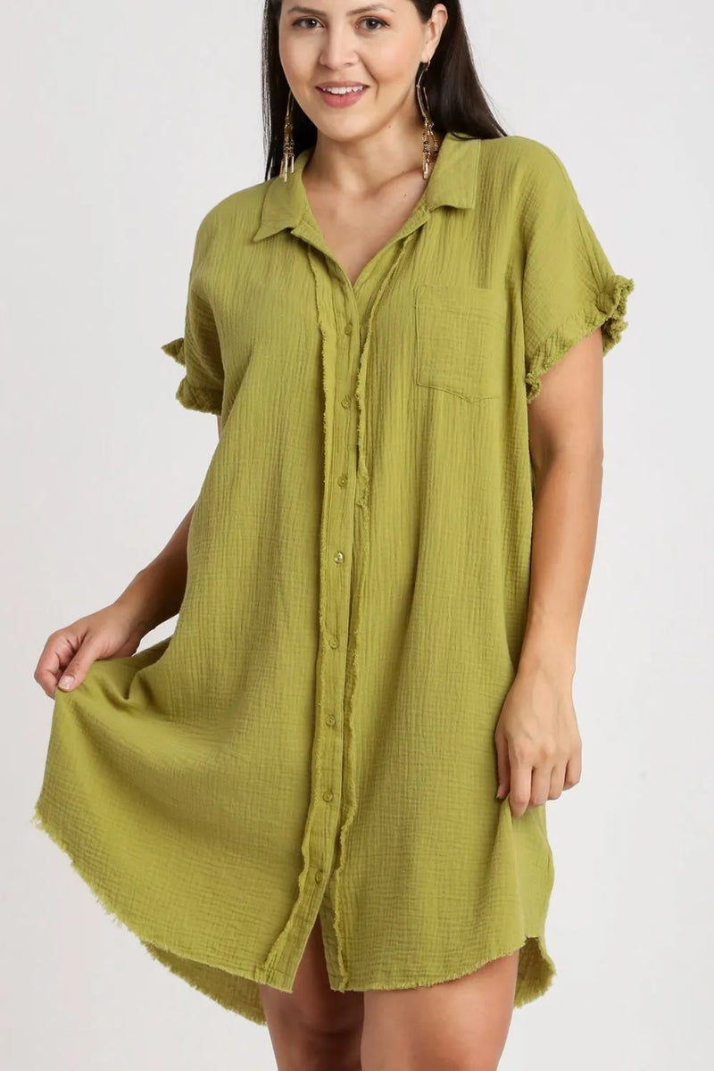 Umgee Full Size Raw Hem Button Down Short Sleeve Gauze Shirt Dress Plus Size - Brittney MADE