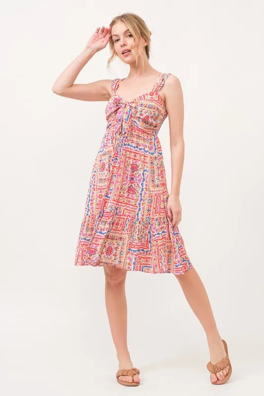 And The Why Tied Front Smocked Back Tiered Boho Printed Dress - Brittney MADE