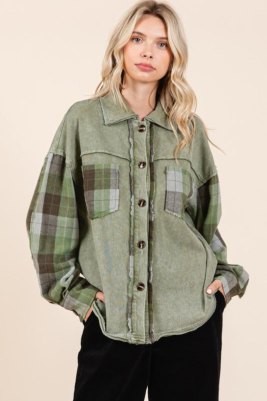 Mittoshop Button Down Contrast Plaid Patchwork Shacket - Brittney MADE