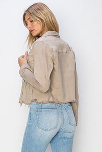 RISEN Full Size Raw Hem Button Up Cropped Denim Jacket Plus Size - Brittney MADE