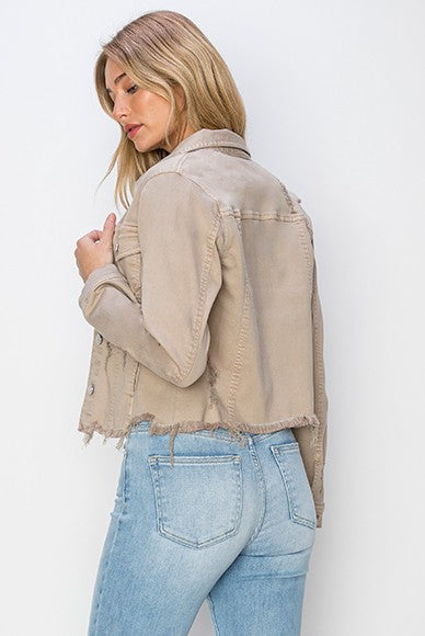 RISEN Full Size Raw Hem Button Up Cropped Denim Jacket Plus Size - Brittney MADE