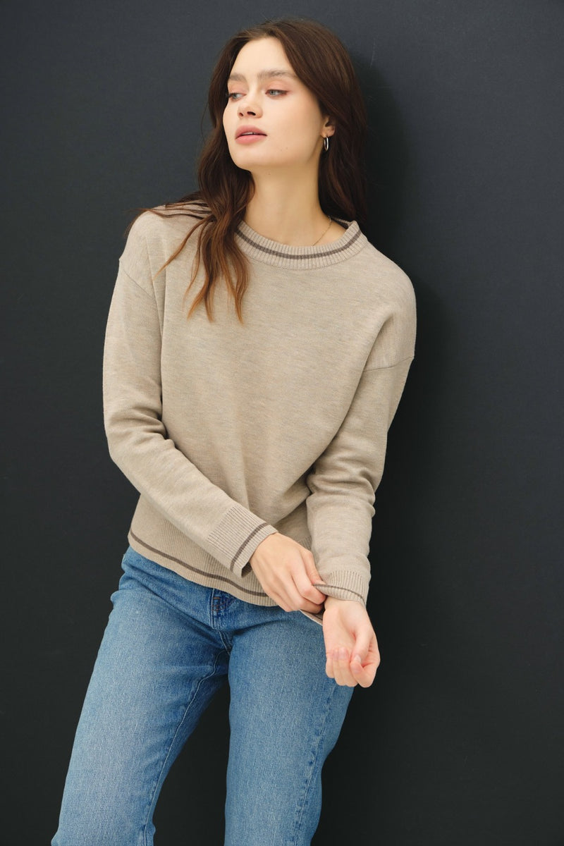 Be Cool Striped Trim Round Neck Long Sleeve Sweater - Brittney MADE