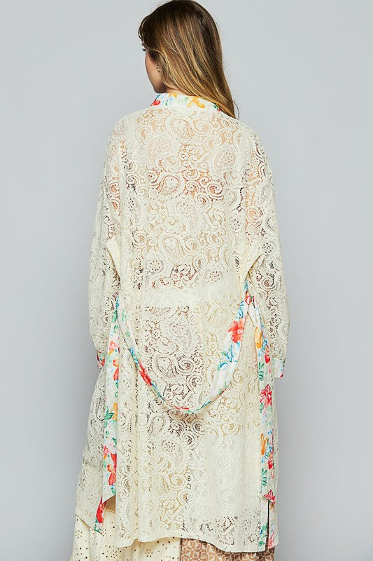 POL Floral Trim Lace Open Front Longline Cardigan - Brittney MADE
