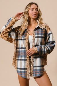 BiBi Curved Hem Sequin Plaid Button Up Shacket - Brittney MADE