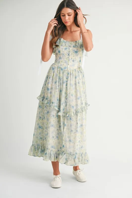 MABLE Floral Printed Shoulder Strap Midi Dress - Brittney MADE