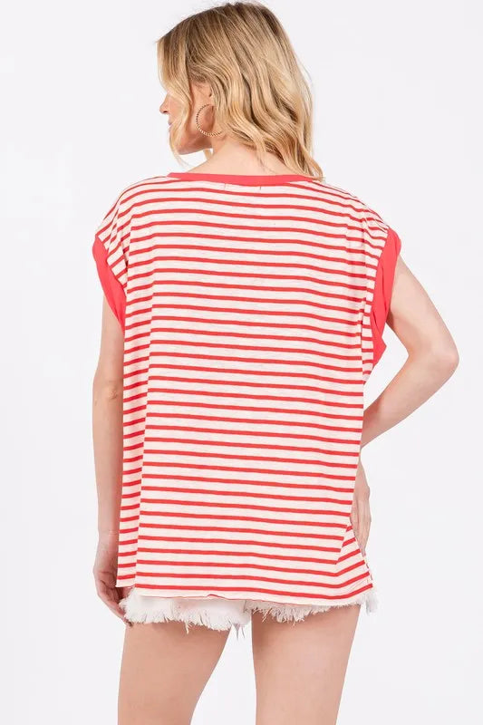 Ces Femme Side Slit Striped Cap Sleeve T-Shirt - Brittney MADE